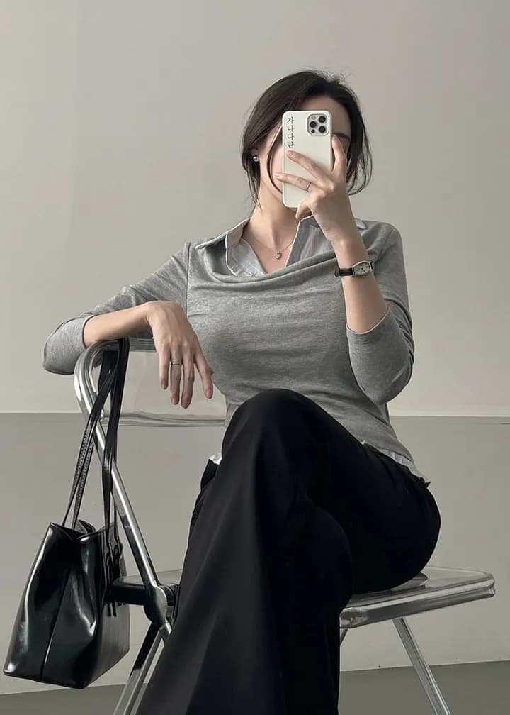 26 이른 봄 한 부서 학원 스타일 폴로 칼라 페이크 레이어드 셔츠 몸매 가꾸기 숙녀 연령 감소 긴팔 맨위 티셔츠 9968 상세 이미지 7