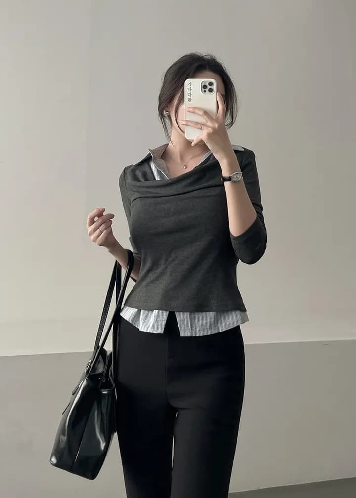26 이른 봄 한 부서 학원 스타일 폴로 칼라 페이크 레이어드 셔츠 몸매 가꾸기 숙녀 연령 감소 긴팔 맨위 티셔츠 9968 상세 이미지 9