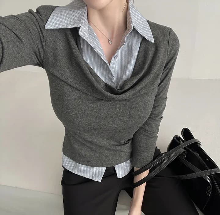 26 이른 봄 한 부서 학원 스타일 폴로 칼라 페이크 레이어드 셔츠 몸매 가꾸기 숙녀 연령 감소 긴팔 맨위 티셔츠 9968 상세 이미지 10