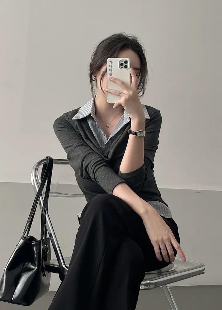 26 이른 봄 한 부서 학원 스타일 폴로 칼라 페이크 레이어드 셔츠 몸매 가꾸기 숙녀 연령 감소 긴팔 맨위 티셔츠 9968 상세 이미지 11