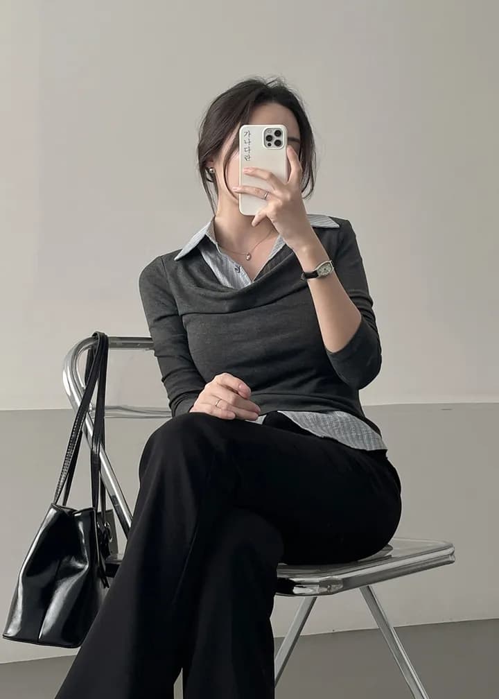 26 이른 봄 한 부서 학원 스타일 폴로 칼라 페이크 레이어드 셔츠 몸매 가꾸기 숙녀 연령 감소 긴팔 맨위 티셔츠 9968 상세 이미지 15
