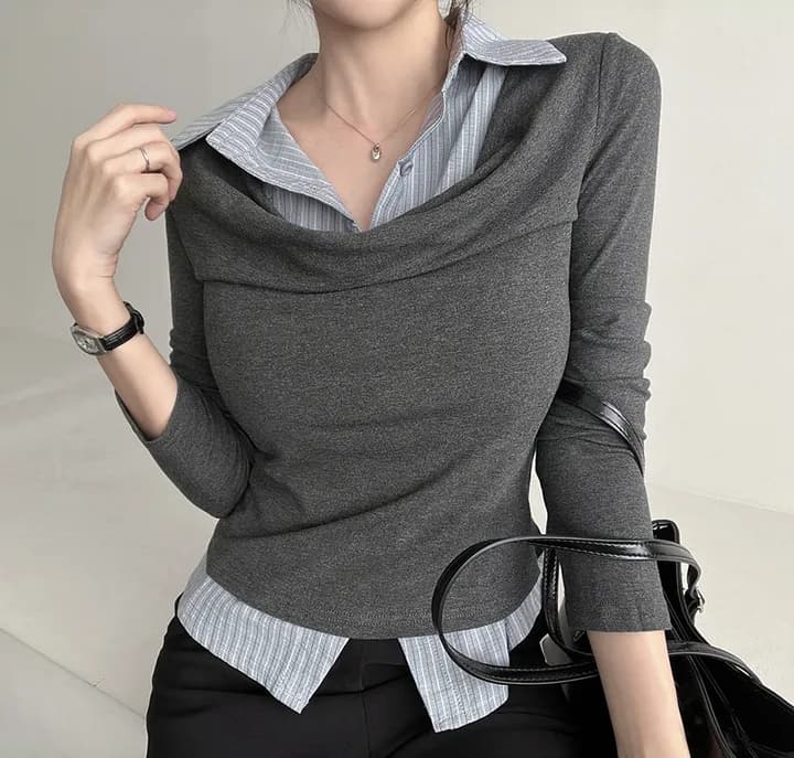 26 이른 봄 한 부서 학원 스타일 폴로 칼라 페이크 레이어드 셔츠 몸매 가꾸기 숙녀 연령 감소 긴팔 맨위 티셔츠 9968 상세 이미지 16