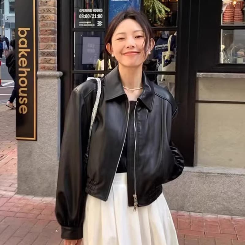 26 이른 봄 검정색 쇼트 스타일 연령 감소 가죽 재킷 여성 코트 재킷 고급 센스 고유 한 슈퍼 잘 생긴 작은 키 9991 이미지 2