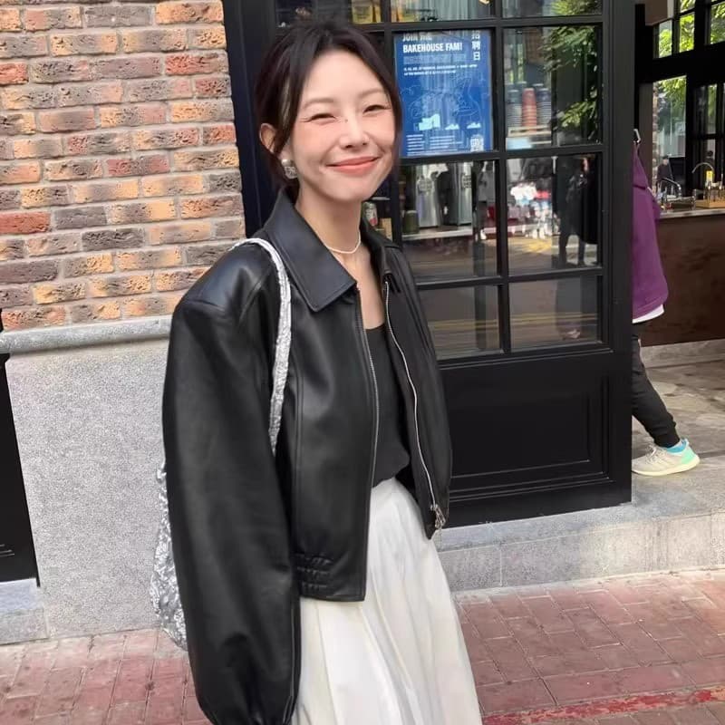 26 이른 봄 검정색 쇼트 스타일 연령 감소 가죽 재킷 여성 코트 재킷 고급 센스 고유 한 슈퍼 잘 생긴 작은 키 9991 이미지 3