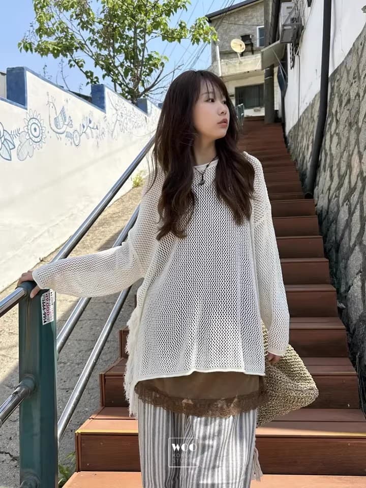 26 봄 여름 한국 측면 트임 술 루즈핏 긴팔 니트 스웨터 얇은 스타일 에어컨 자외선 차단 블라우스 1066 상세 이미지 9