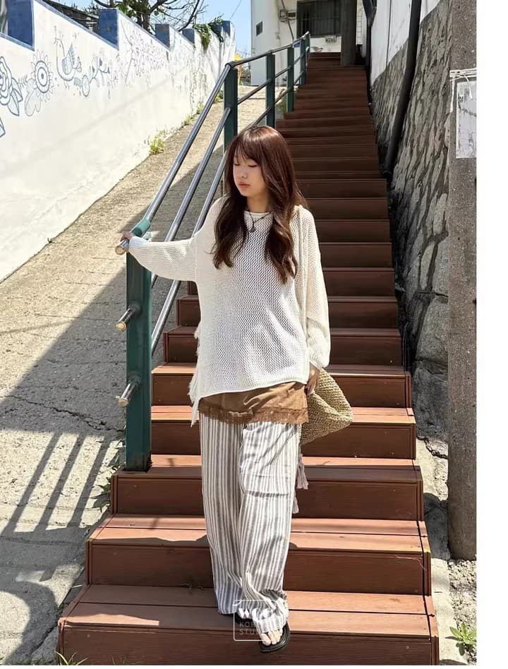 26 봄 여름 한국 측면 트임 술 루즈핏 긴팔 니트 스웨터 얇은 스타일 에어컨 자외선 차단 블라우스 1066 상세 이미지 17