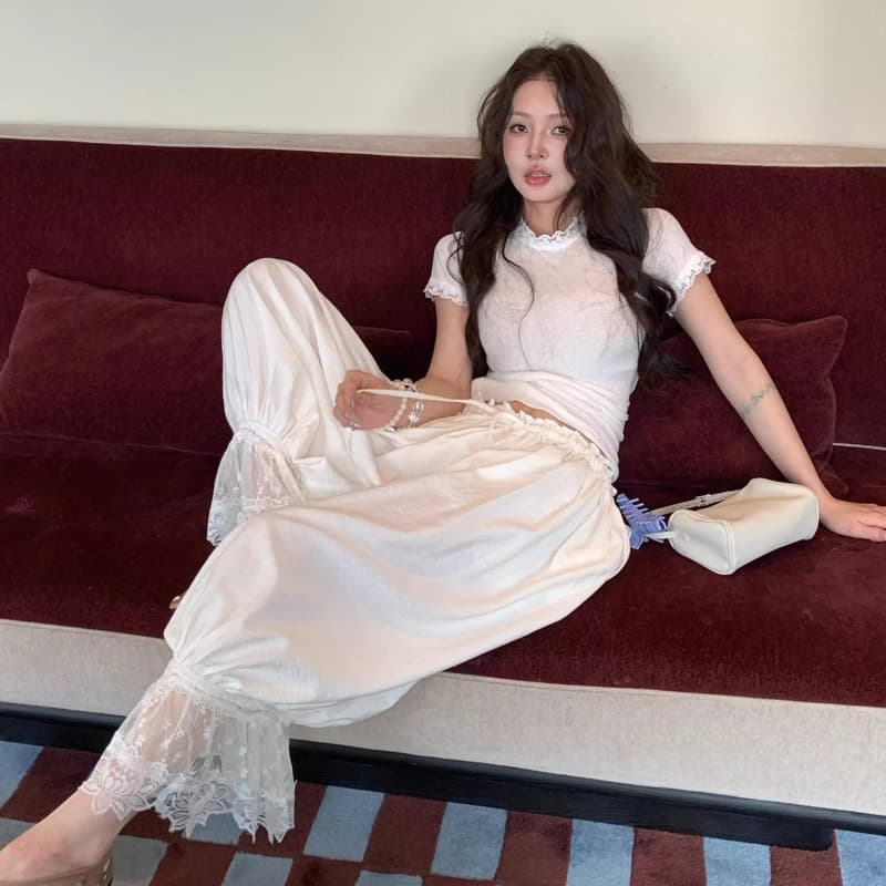 전체 집합 ootd 착용 가져 가라. 전체 집합 한 부서 라운드 넥 풀오버 티셔츠 맨위 하이웨이스트 슬림해 보이는 와이드 레그 팬츠 1067 이미지 3