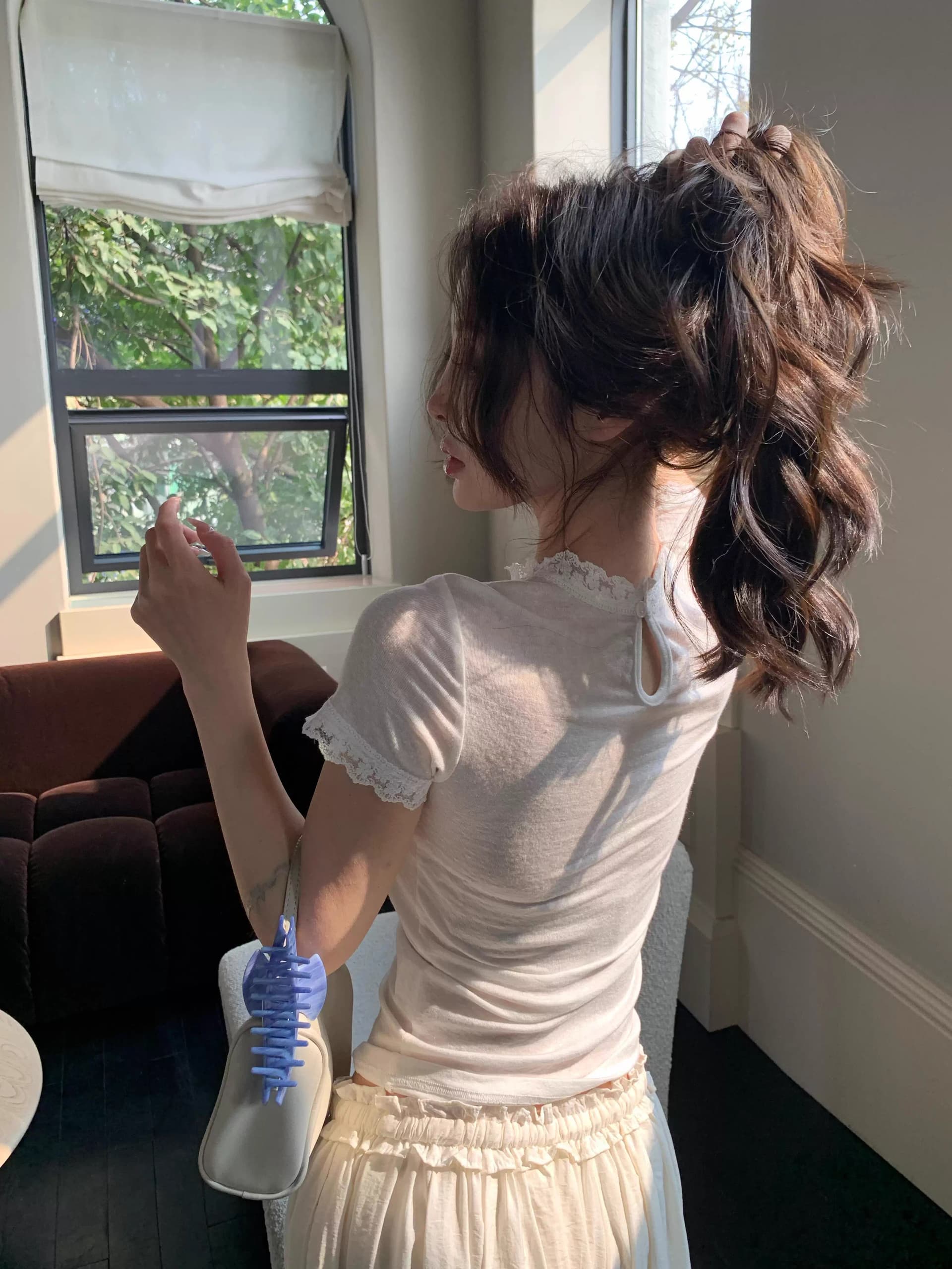 전체 집합 ootd 착용 가져 가라. 전체 집합 한 부서 라운드 넥 풀오버 티셔츠 맨위 하이웨이스트 슬림해 보이는 와이드 레그 팬츠 1067 상세 이미지 12