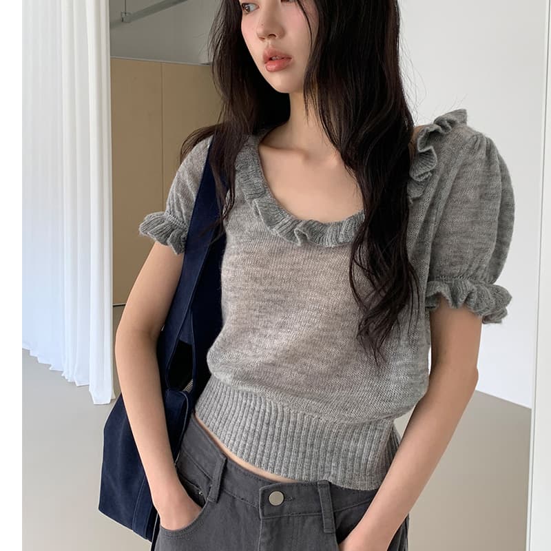 26 봄 여름 한 달콤한 스타일 디자인 센스 u 칼라 레이스 니트 털 셔츠 버블 반팔 얇은 스타일 티셔츠 1069