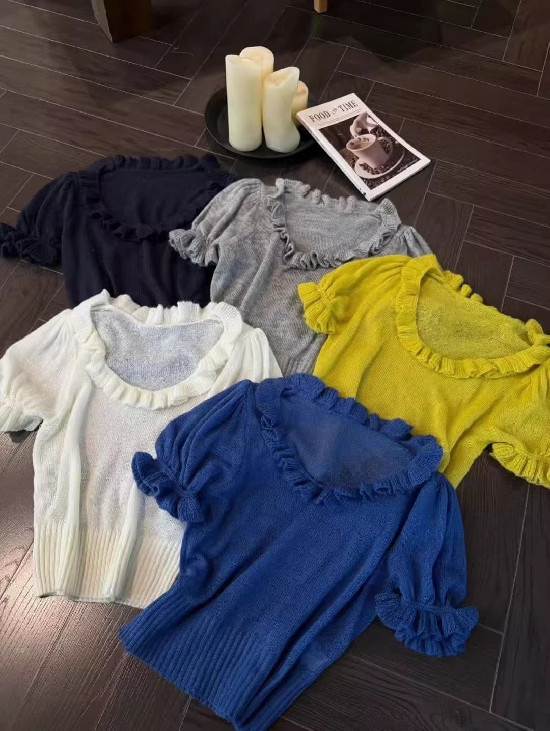 26 봄 여름 한 달콤한 스타일 디자인 센스 u 칼라 레이스 니트 털 셔츠 버블 반팔 얇은 스타일 티셔츠 1069 상세 이미지 9