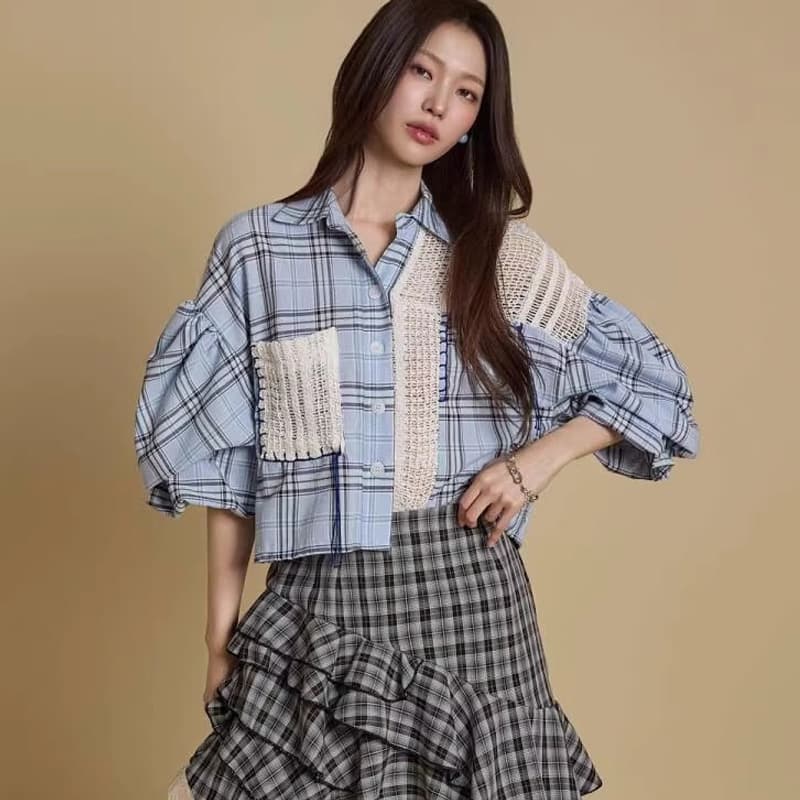 26 여름 한국 동대문 ins 패치워크 디자인 체크무늬 중간 소매 셔츠 맨위 통기성 오픈 가디건 셔츠 1087
