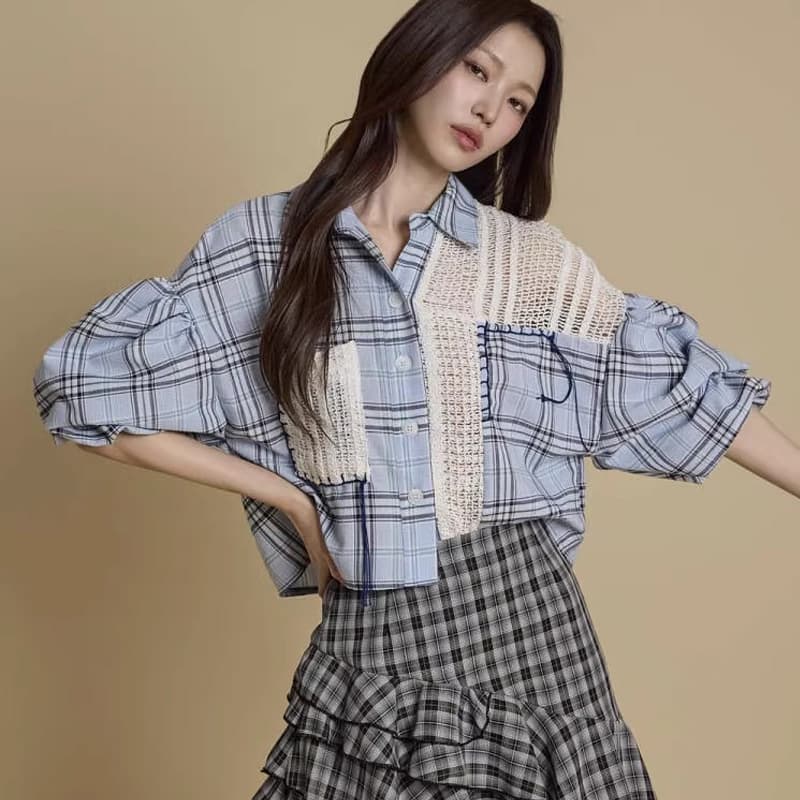 26 여름 한국 동대문 ins 패치워크 디자인 체크무늬 중간 소매 셔츠 맨위 통기성 오픈 가디건 셔츠 1087 이미지 2