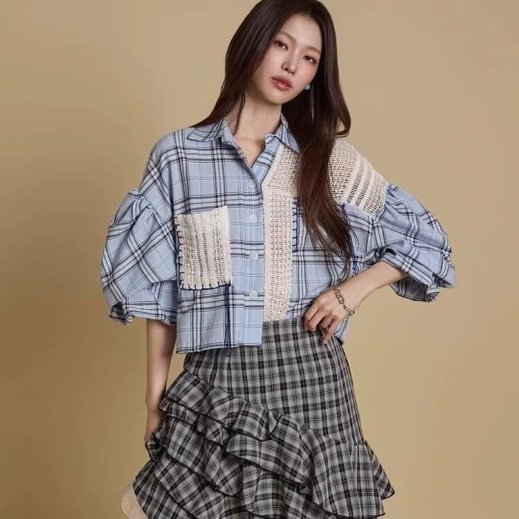 26 여름 한국 동대문 ins 패치워크 디자인 체크무늬 중간 소매 셔츠 맨위 통기성 오픈 가디건 셔츠 1087 상세 이미지 12