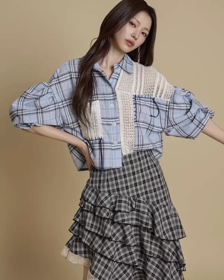 26 여름 한국 동대문 ins 패치워크 디자인 체크무늬 중간 소매 셔츠 맨위 통기성 오픈 가디건 셔츠 1087 상세 이미지 13