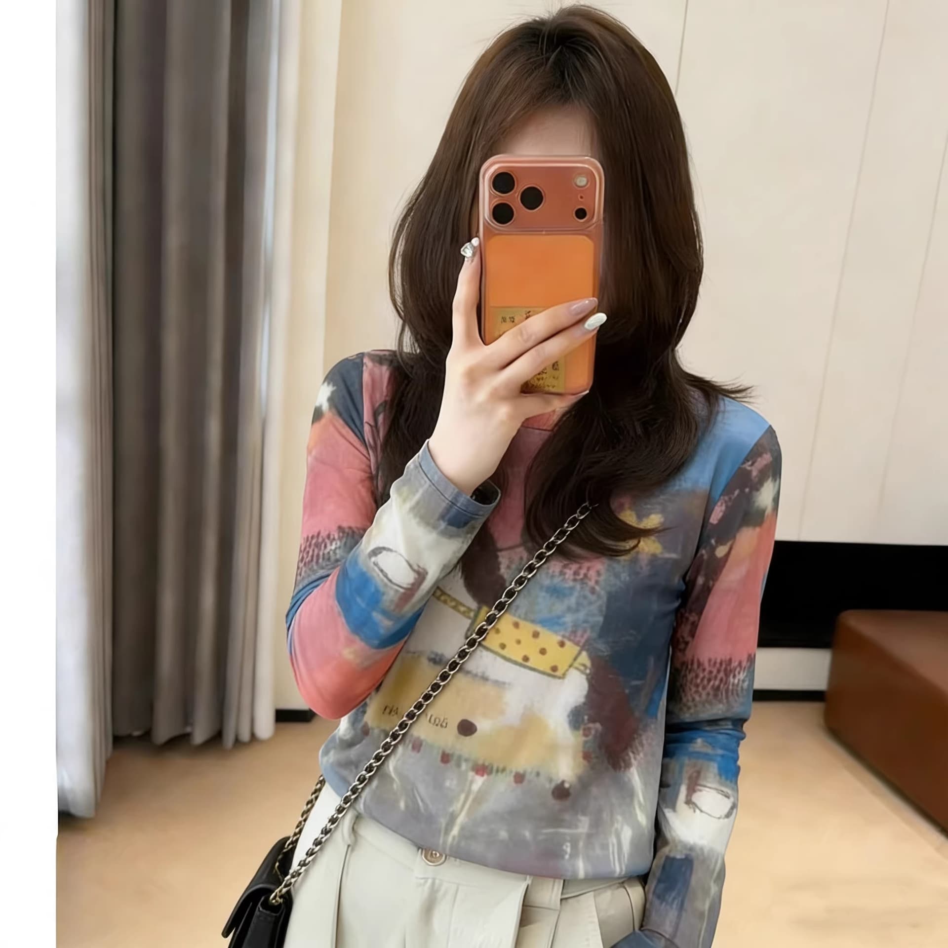 여름 나가라. 외국 가스 작은 셔츠 망사 긴팔 티셔츠 여성 작은 말 프린트 라운드 넥 다용도 자외선 차단 블라우스 1119 상세 이미지 4
