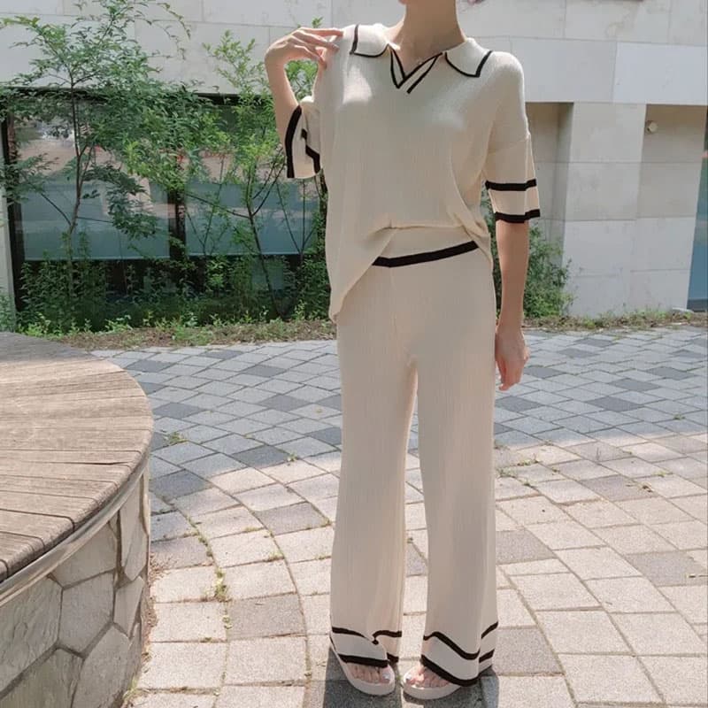 여름 연령 감소 POLO 칼라 반팔 긴 바지 캐주얼 루즈핏 다용도 슬림해 보이는 얼음 실크 니트 세트 투피스 세트 1129 이미지 2