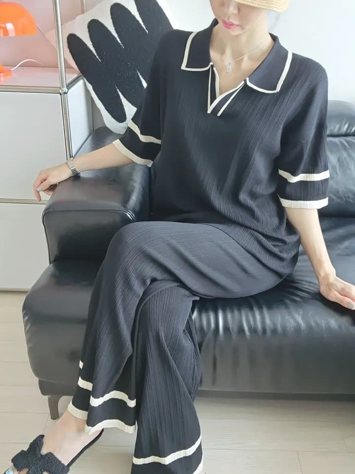 여름 연령 감소 POLO 칼라 반팔 긴 바지 캐주얼 루즈핏 다용도 슬림해 보이는 얼음 실크 니트 세트 투피스 세트 1129 상세 이미지 2