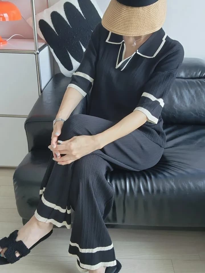 여름 연령 감소 POLO 칼라 반팔 긴 바지 캐주얼 루즈핏 다용도 슬림해 보이는 얼음 실크 니트 세트 투피스 세트 1129 상세 이미지 3