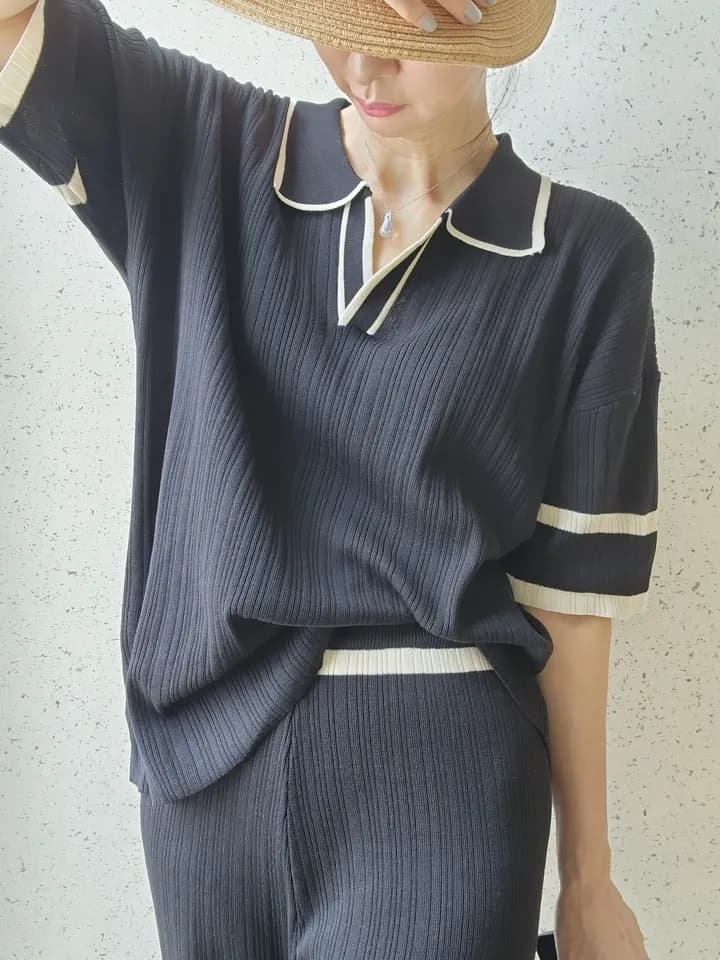 여름 연령 감소 POLO 칼라 반팔 긴 바지 캐주얼 루즈핏 다용도 슬림해 보이는 얼음 실크 니트 세트 투피스 세트 1129 상세 이미지 6
