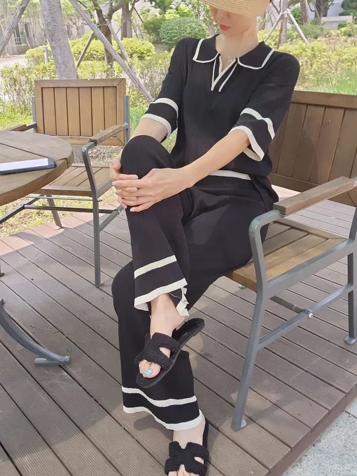 여름 연령 감소 POLO 칼라 반팔 긴 바지 캐주얼 루즈핏 다용도 슬림해 보이는 얼음 실크 니트 세트 투피스 세트 1129 상세 이미지 8