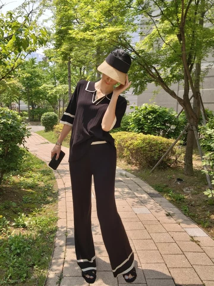 여름 연령 감소 POLO 칼라 반팔 긴 바지 캐주얼 루즈핏 다용도 슬림해 보이는 얼음 실크 니트 세트 투피스 세트 1129 상세 이미지 10