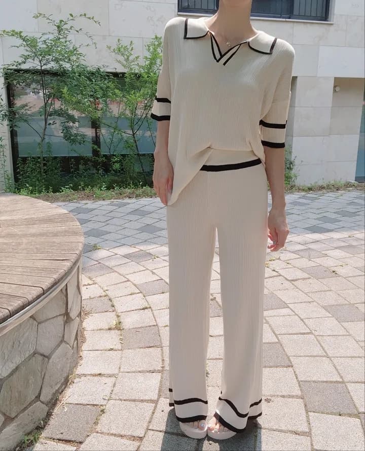여름 연령 감소 POLO 칼라 반팔 긴 바지 캐주얼 루즈핏 다용도 슬림해 보이는 얼음 실크 니트 세트 투피스 세트 1129 상세 이미지 17