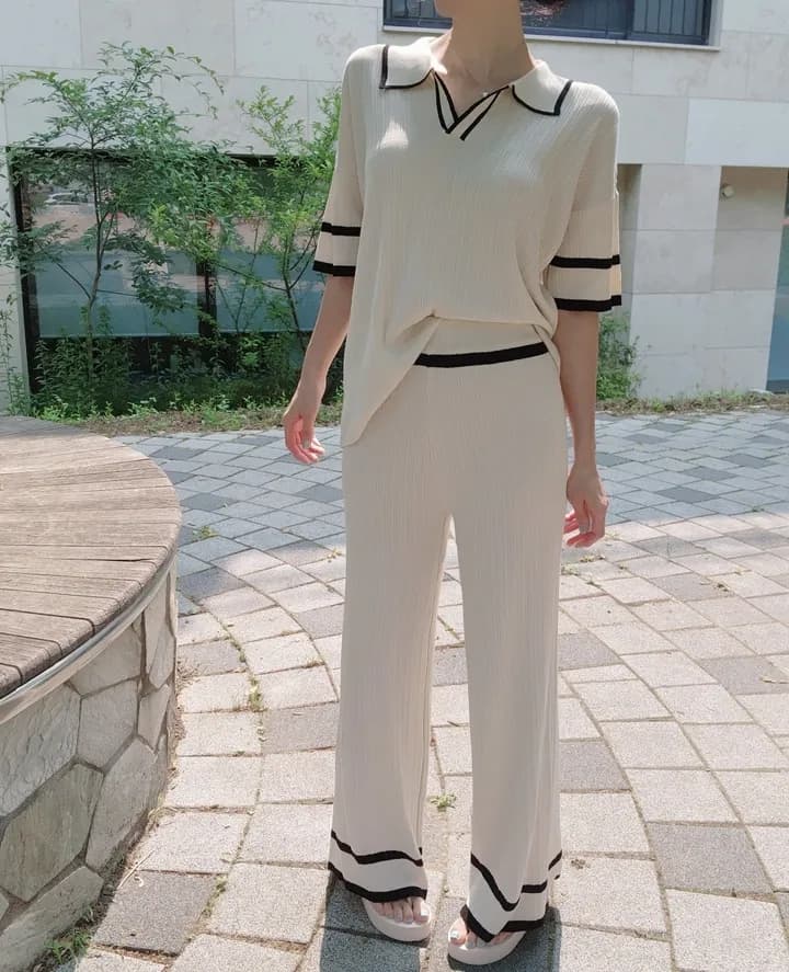 여름 연령 감소 POLO 칼라 반팔 긴 바지 캐주얼 루즈핏 다용도 슬림해 보이는 얼음 실크 니트 세트 투피스 세트 1129 상세 이미지 19