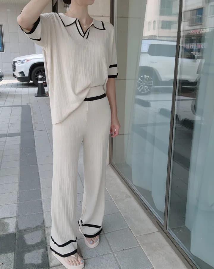 여름 연령 감소 POLO 칼라 반팔 긴 바지 캐주얼 루즈핏 다용도 슬림해 보이는 얼음 실크 니트 세트 투피스 세트 1129 상세 이미지 25