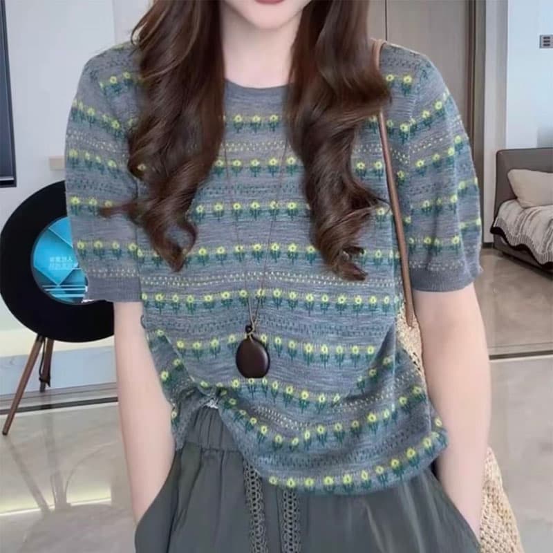 얇은 스타일 니트 레트로 배색 작은 꽃 자카드 맨위 부드러운 찹쌀 루즈핏 라운드 넥 새로운 일상 반팔 티셔츠 1162