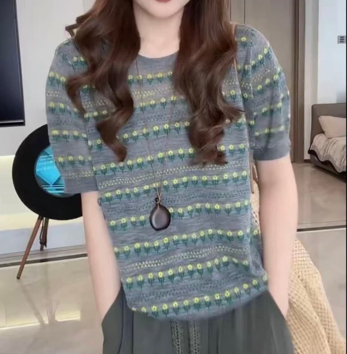 얇은 스타일 니트 레트로 배색 작은 꽃 자카드 맨위 부드러운 찹쌀 루즈핏 라운드 넥 새로운 일상 반팔 티셔츠 1162 상세 이미지 2