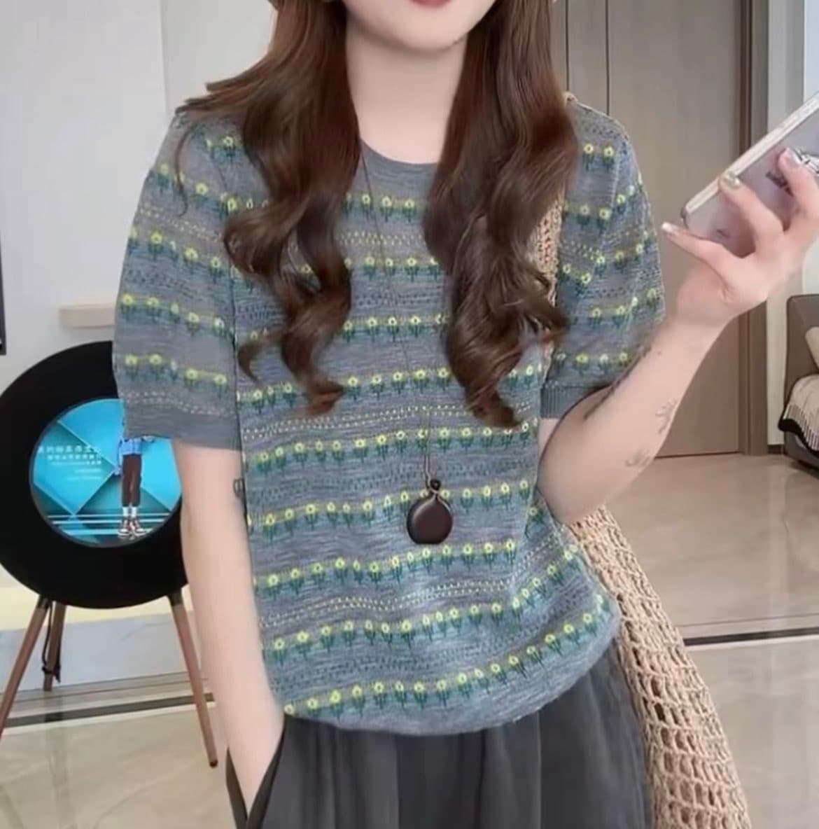 얇은 스타일 니트 레트로 배색 작은 꽃 자카드 맨위 부드러운 찹쌀 루즈핏 라운드 넥 새로운 일상 반팔 티셔츠 1162 상세 이미지 3