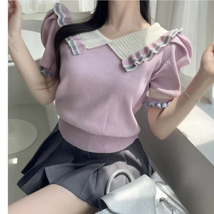 한국 동대문 학원 스타일 베이비 칼라 배색 다용도 슬림해 보이는 얇은 스타일 니트 반팔 맨위 티셔츠 8865 상세 이미지 2