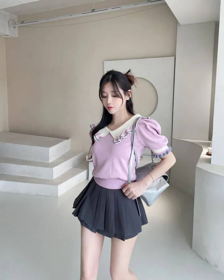 한국 동대문 학원 스타일 베이비 칼라 배색 다용도 슬림해 보이는 얇은 스타일 니트 반팔 맨위 티셔츠 8865 상세 이미지 4