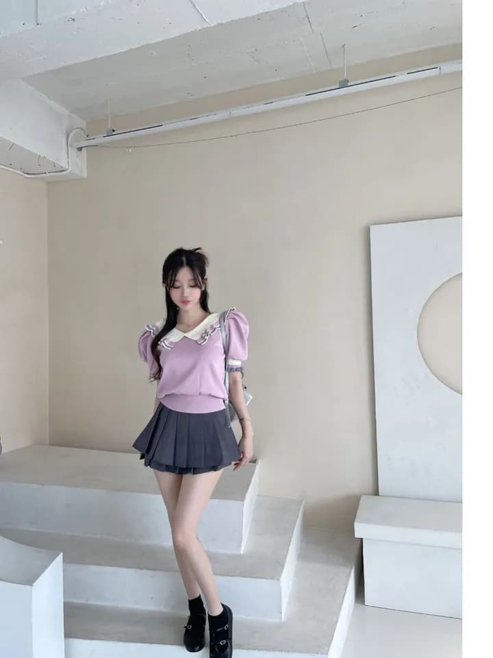 한국 동대문 학원 스타일 베이비 칼라 배색 다용도 슬림해 보이는 얇은 스타일 니트 반팔 맨위 티셔츠 8865 상세 이미지 5