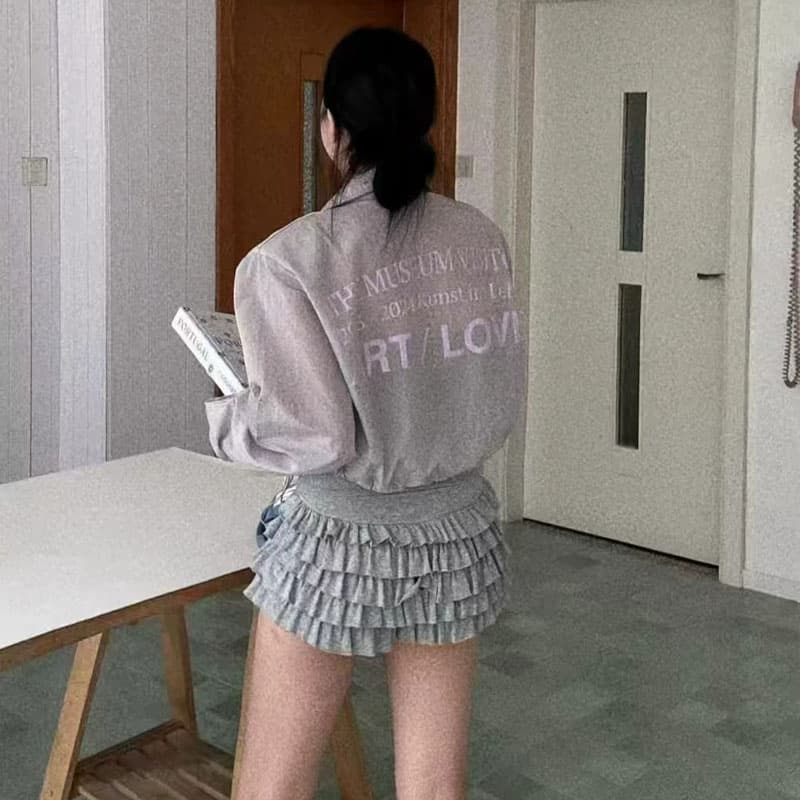 26 여름 스탠드 칼라 쇼트 스타일 알파벳 프린트 밑단 펌프 로프 자외선 차단 루즈핏 지퍼 얇은 스타일 재킷 에어컨 셔츠 1188 이미지 3