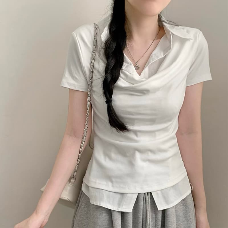 26 여름 한 부서 학원 스타일 폴로 칼라 페이크 레이어드 셔츠 몸매 가꾸기 숙녀 연령 감소 반팔 맨위 티셔츠 1208 이미지 3