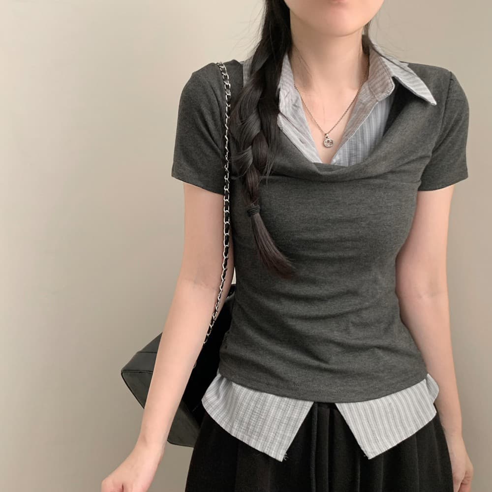 26 여름 한 부서 학원 스타일 폴로 칼라 페이크 레이어드 셔츠 몸매 가꾸기 숙녀 연령 감소 반팔 맨위 티셔츠 1208 상세 이미지 2
