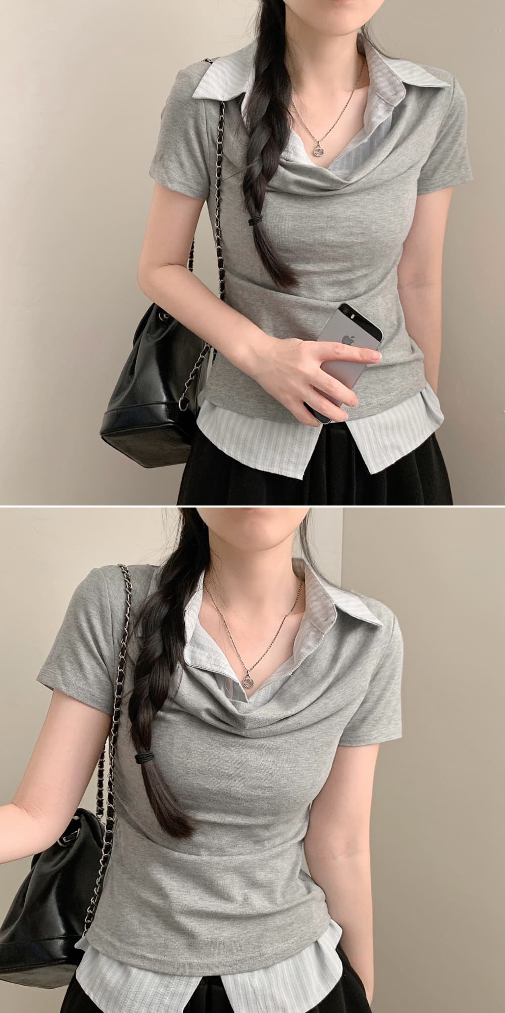 26 여름 한 부서 학원 스타일 폴로 칼라 페이크 레이어드 셔츠 몸매 가꾸기 숙녀 연령 감소 반팔 맨위 티셔츠 1208 상세 이미지 3
