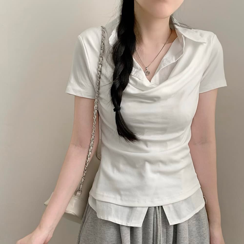26 여름 한 부서 학원 스타일 폴로 칼라 페이크 레이어드 셔츠 몸매 가꾸기 숙녀 연령 감소 반팔 맨위 티셔츠 1208 상세 이미지 4