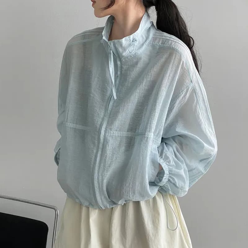 한 부서 미니멀리즘 다용도 스탠드 칼라 지퍼 여성 셔츠 26 여름 루즈핏 캐주얼 셔츠 재킷 자외선 차단 의류 1171