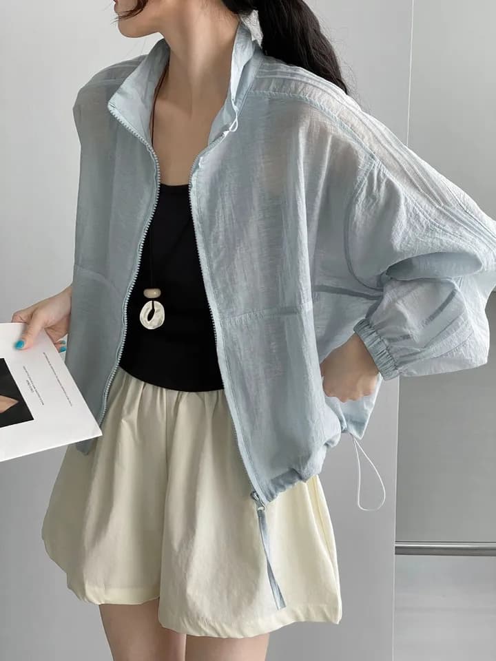 한 부서 미니멀리즘 다용도 스탠드 칼라 지퍼 여성 셔츠 26 여름 루즈핏 캐주얼 셔츠 재킷 자외선 차단 의류 1171 상세 이미지 9