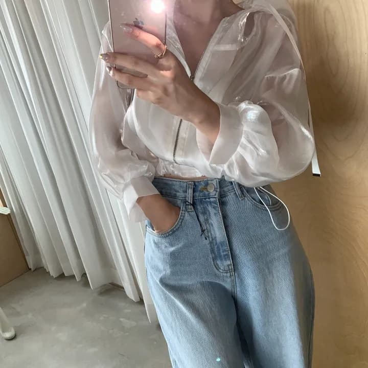 여름 한국 미니멀리즘 지퍼 펌프 로프 긴팔 쉬폰 루즈핏 짧은 외투 시스루 자외선 차단 에어컨 셔츠 1132 상세 이미지 12