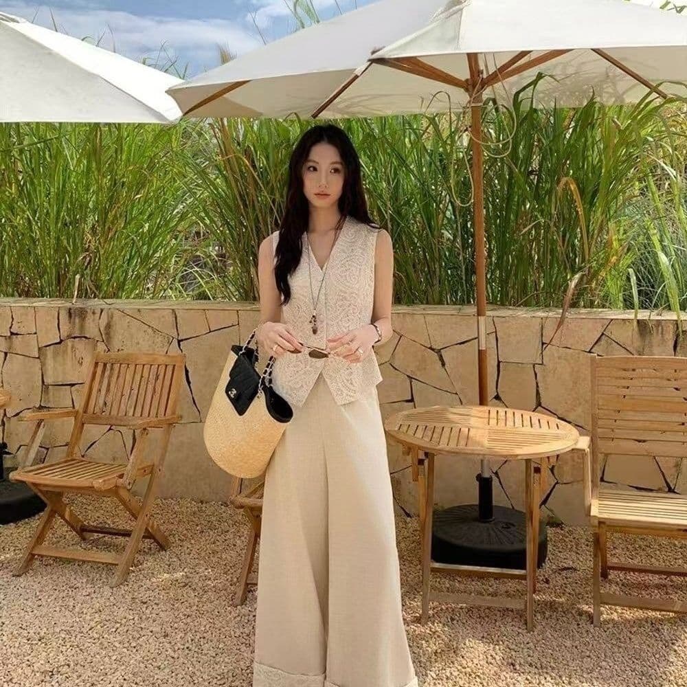오래된 돈 바람 패션 미니멀리즘 레이스 베스트 뒤집다 측면 디자인 센스 와이드 레그 팬츠 세트 슈퍼 요정 새로운 상세 이미지 2