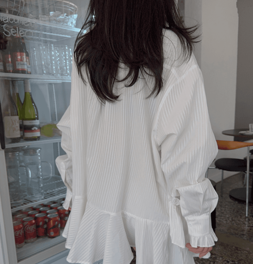 한국 새로운 작은 대중 디자인 센스 불규칙 스트라이프 셔츠 드레스 상세 이미지 3