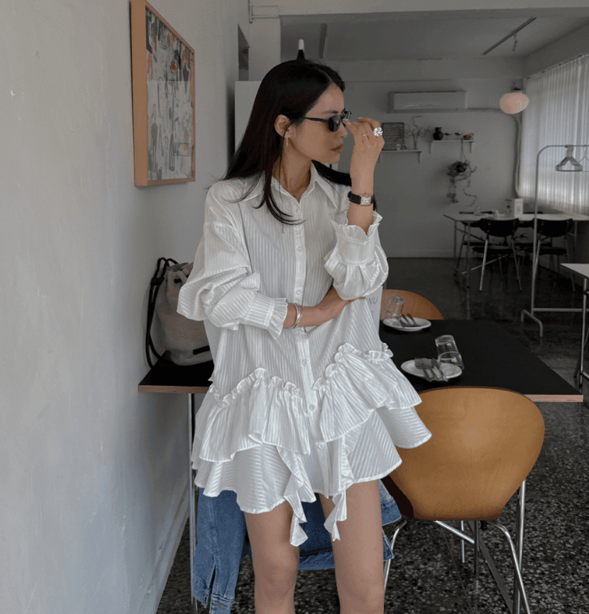 한국 새로운 작은 대중 디자인 센스 불규칙 스트라이프 셔츠 드레스 상세 이미지 8
