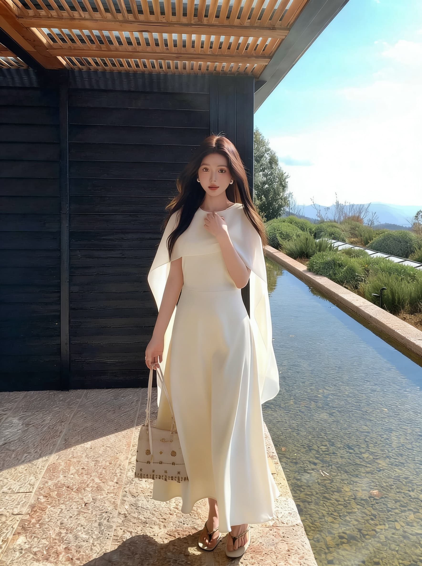 프랑스식 로얄 자매 아름다운 우아함 스카프 리본 조끼 원피스 몸매 가꾸기 슬림해 보이는 단색 중간 길이 스커트 이미지 2