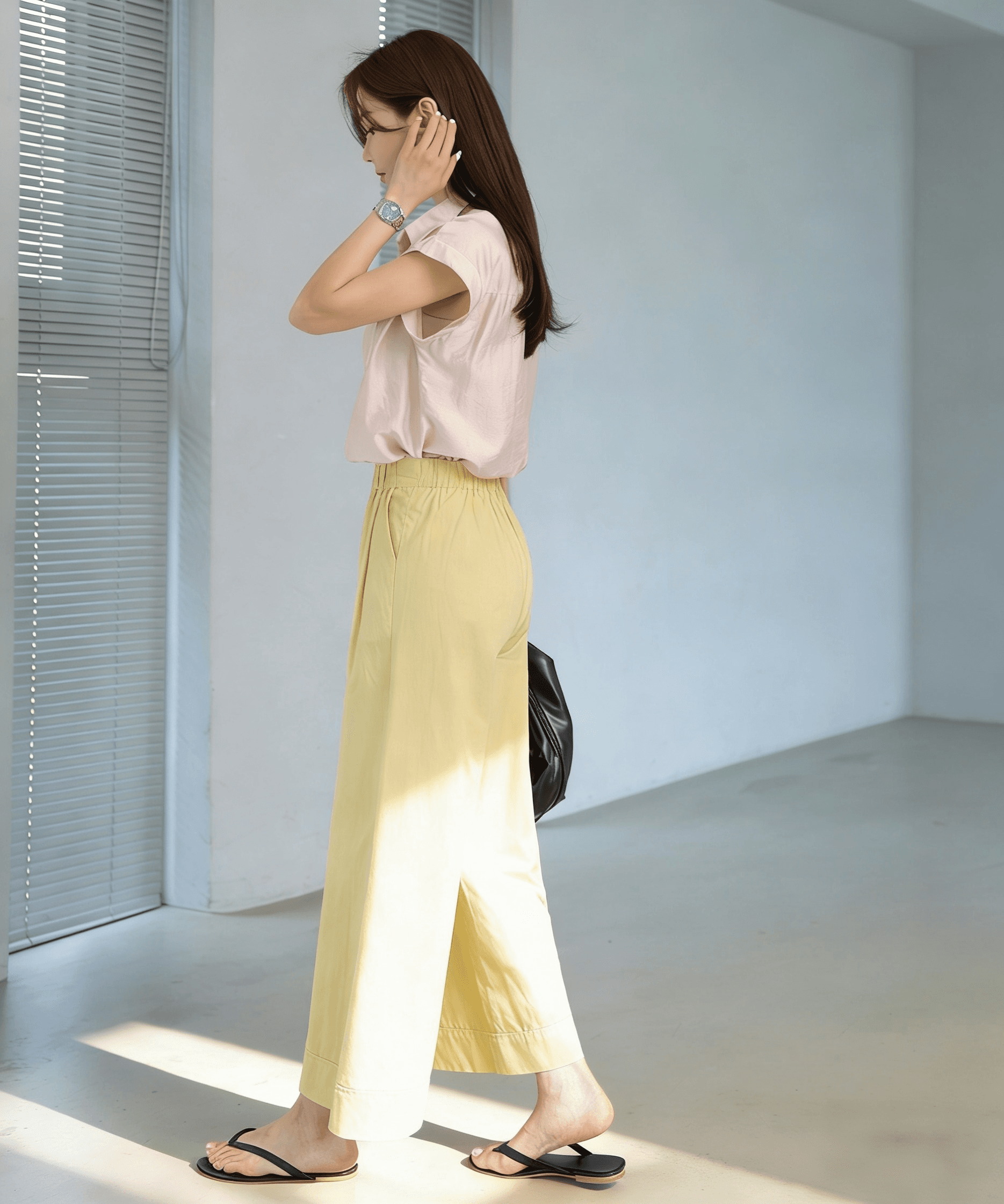 봄 여름 새로운 한국 스타일 루즈핏 모통이 칼 워시 물 면 넓은 다리 캐주얼 바지 9 분 바지 뒤에 허리밴드 이미지 4