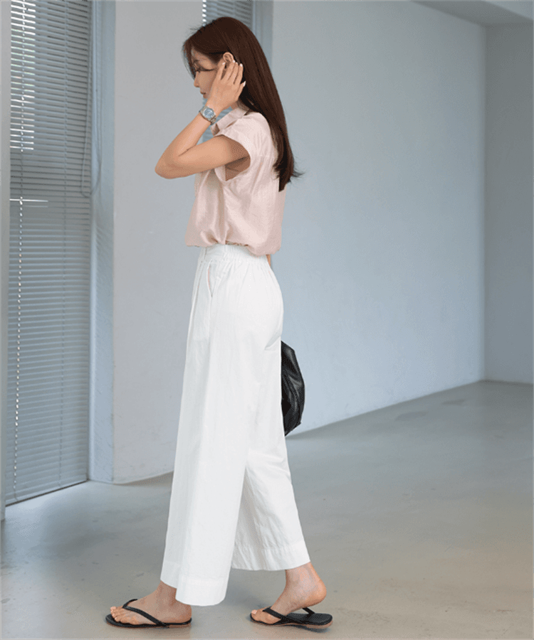 봄 여름 새로운 한국 스타일 루즈핏 모통이 칼 워시 물 면 넓은 다리 캐주얼 바지 9 분 바지 뒤에 허리밴드 상세 이미지 5