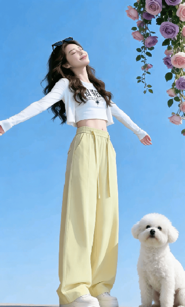 일본과 한국 부서 오래된 돈 바람 9 분 모통이 칼 와이드 레그 팬츠 디스플레이 높음 슬림해 보이는 레이스업 캐주얼 워싱 면 와이드 레그 팬츠 이미지 5