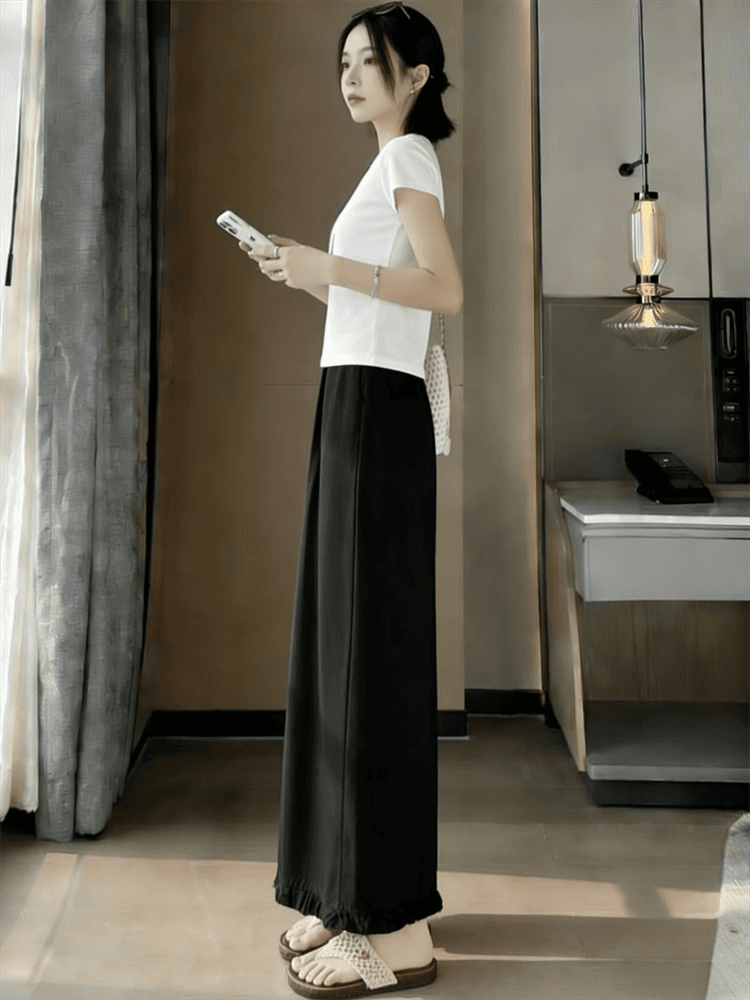 한국 스타일 새로운 목이버섯 레이스 와이드 레그 팬츠 허리밴드 작은 키 9 분 마이크로 나팔 워싱 면 캐주얼 바지 상세 이미지 9